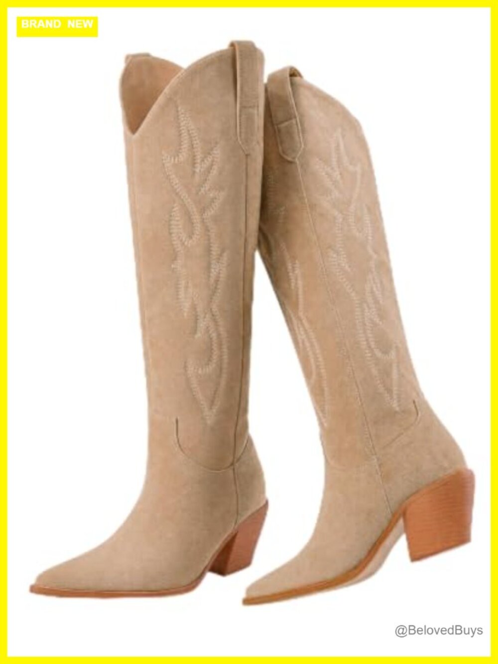 Faux Suede Knee High Cowboy Boots Pointed Toe Block Heel Pull-On